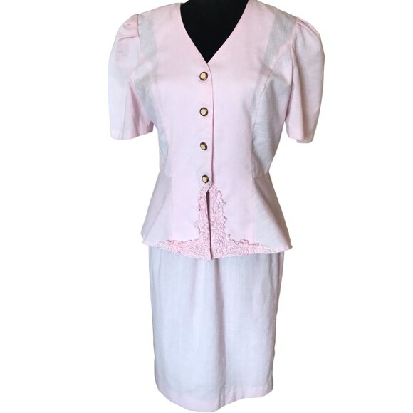 Halmode Petites Vintage Suit Embroidered Jacket Elastic Waist Skirt Pink Size 12 - Picture 1 of 11
